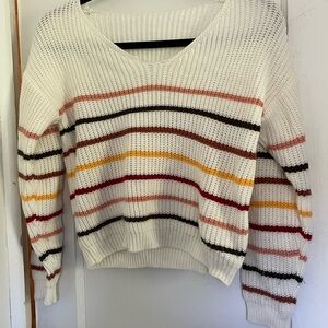 Striped V-Neck Sweater - White, Red, Yellow, Black